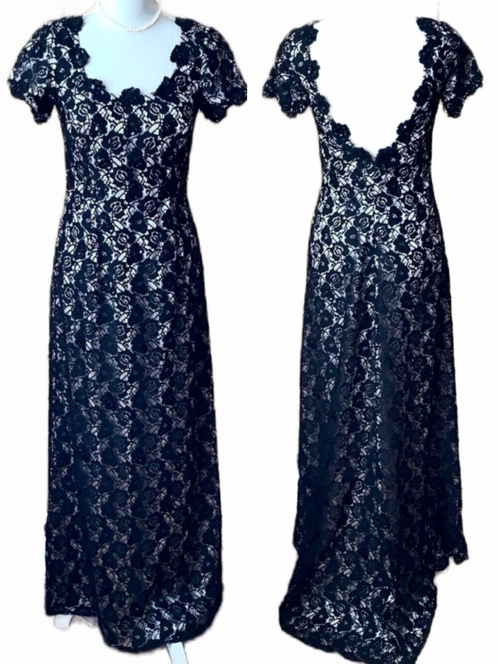 JS BOUTIQUE Black Lace Rosette Formal Gown Prom Wedding Guest Maxi Dress 6